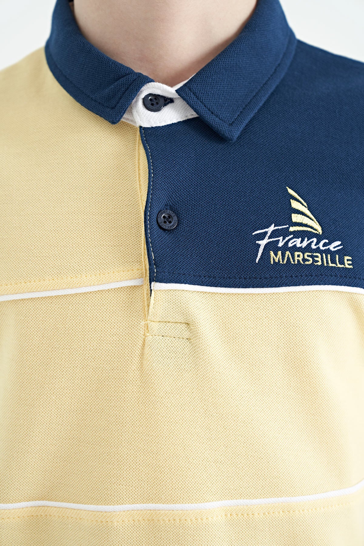 Yellow Color Block Embroidered Letter Detailed Standard Pattern Polo Collar Boys T-Shirt - 11109