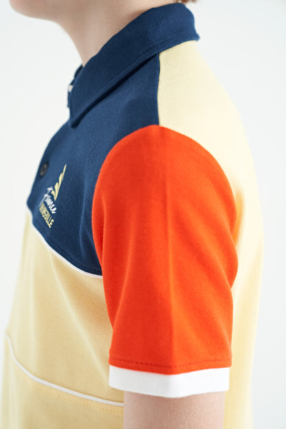 Yellow Color Block Embroidered Letter Detailed Standard Pattern Polo Collar Boys T-Shirt - 11109