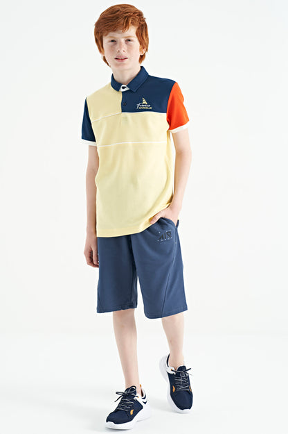 Yellow Color Block Embroidered Letter Detailed Standard Pattern Polo Collar Boys T-Shirt - 11109
