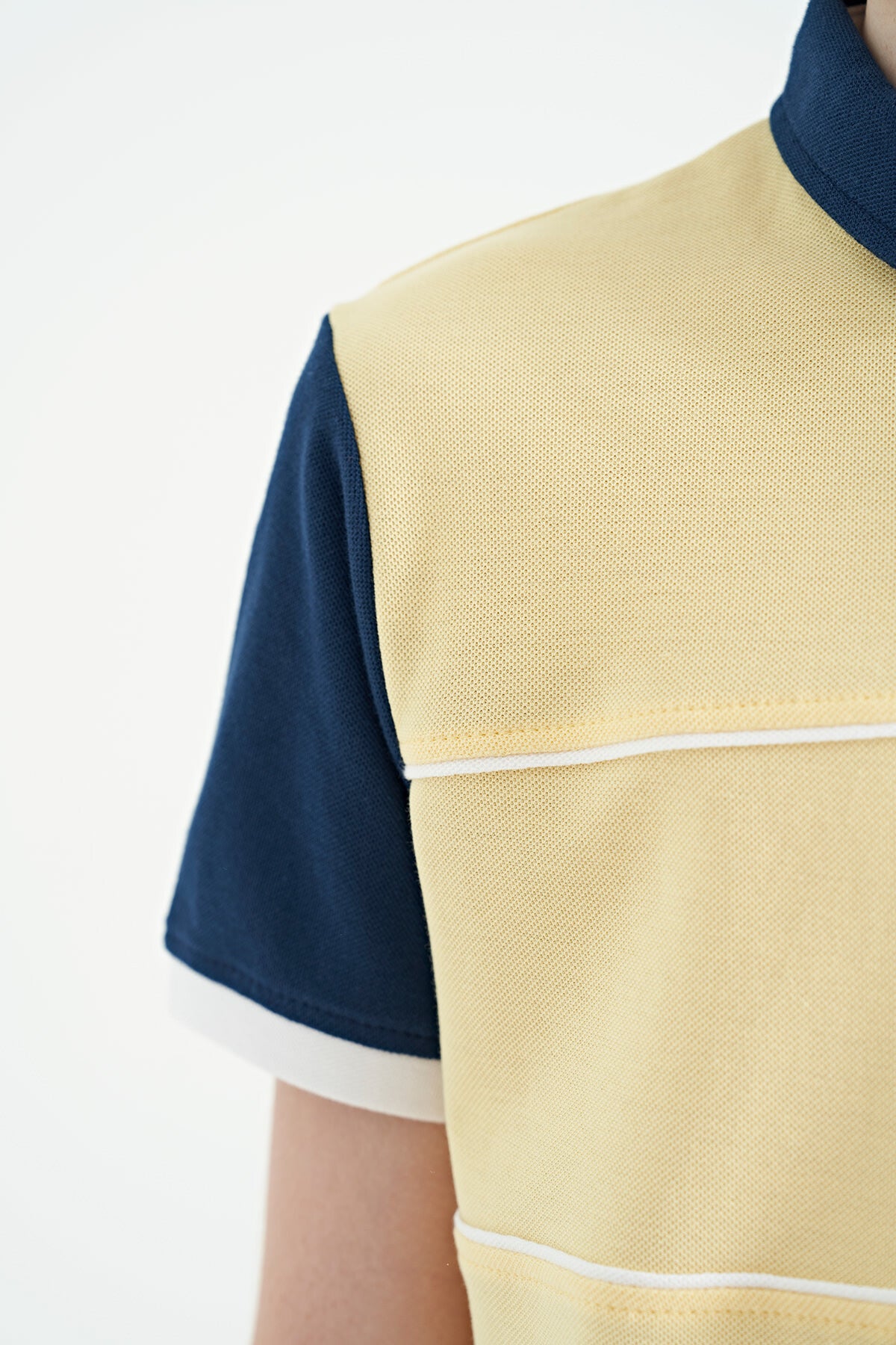 Yellow Color Block Embroidered Letter Detailed Standard Pattern Polo Collar Boys T-Shirt - 11109