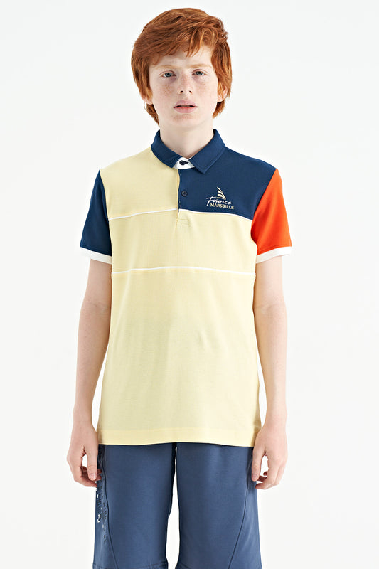 Yellow Color Block Embroidered Letter Detailed Standard Pattern Polo Collar Boys T-Shirt - 11109