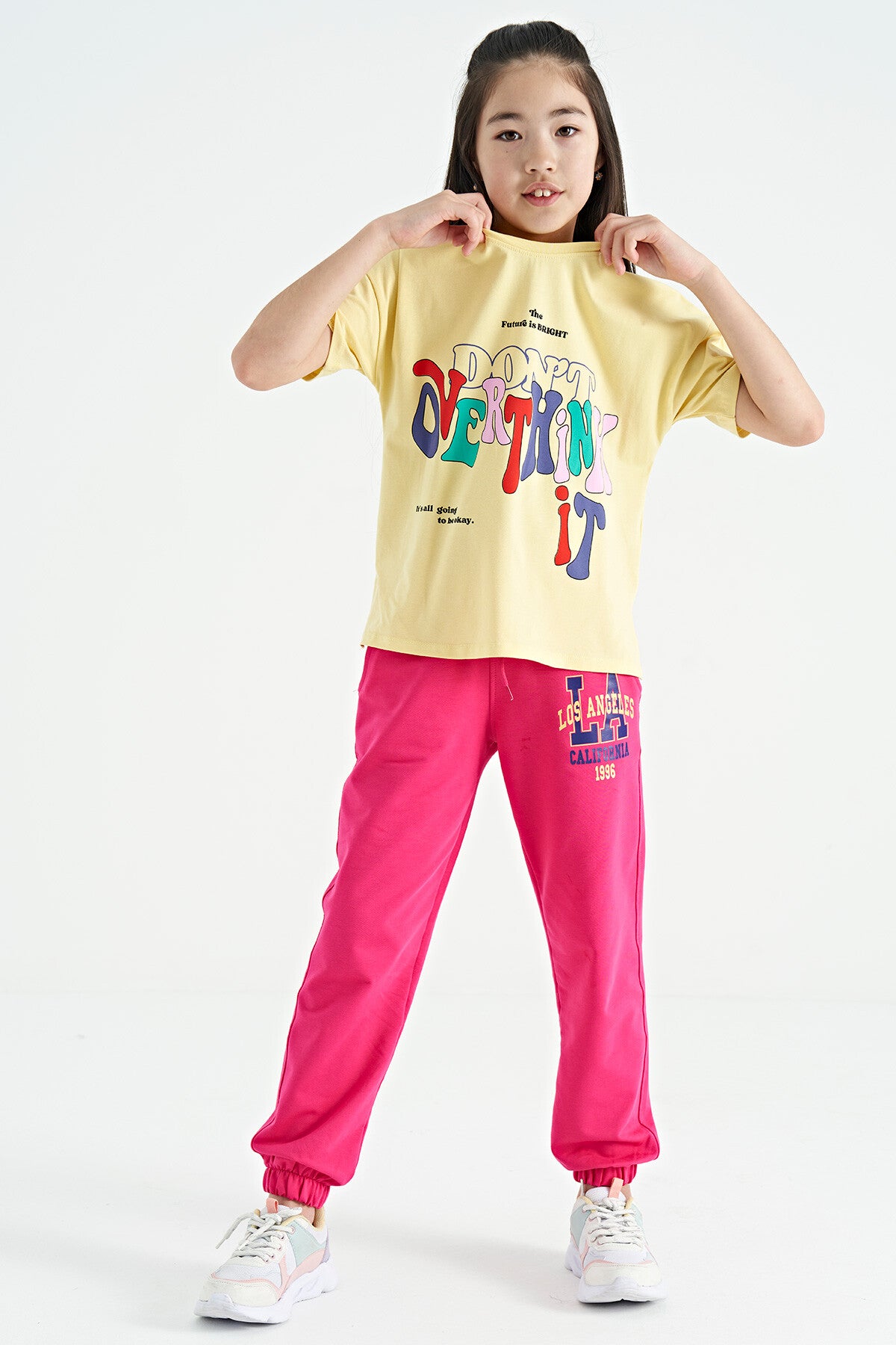 Yellow Printed Letter O Collar Oversize Short Sleeve Girl's T-Shirt - 75112