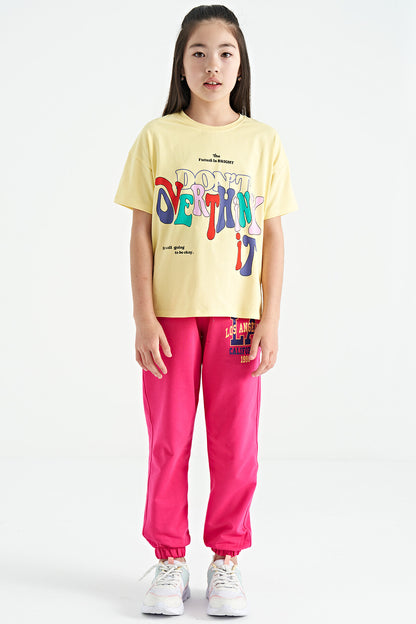 Yellow Printed Letter O Collar Oversize Short Sleeve Girl's T-Shirt - 75112