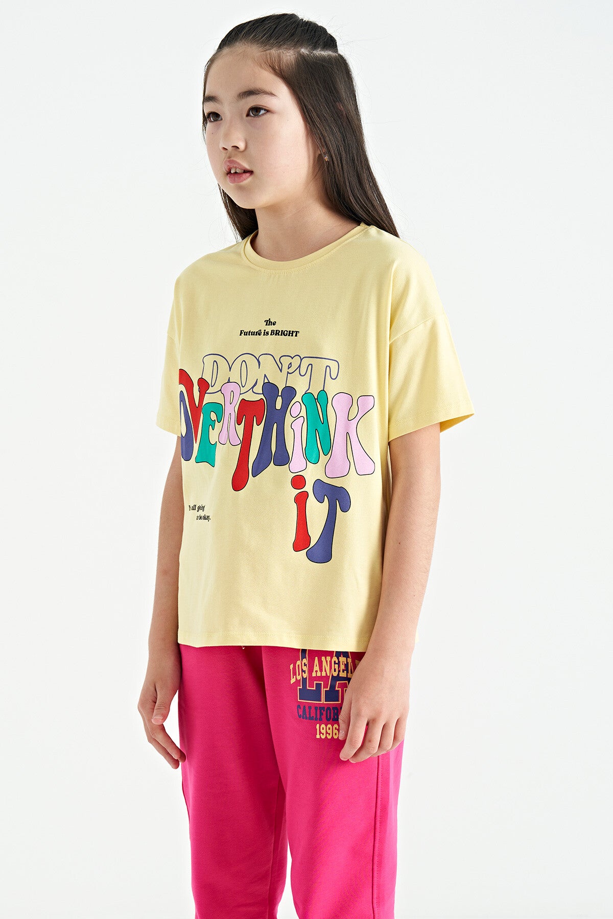 Yellow Printed Letter O Collar Oversize Short Sleeve Girl's T-Shirt - 75112