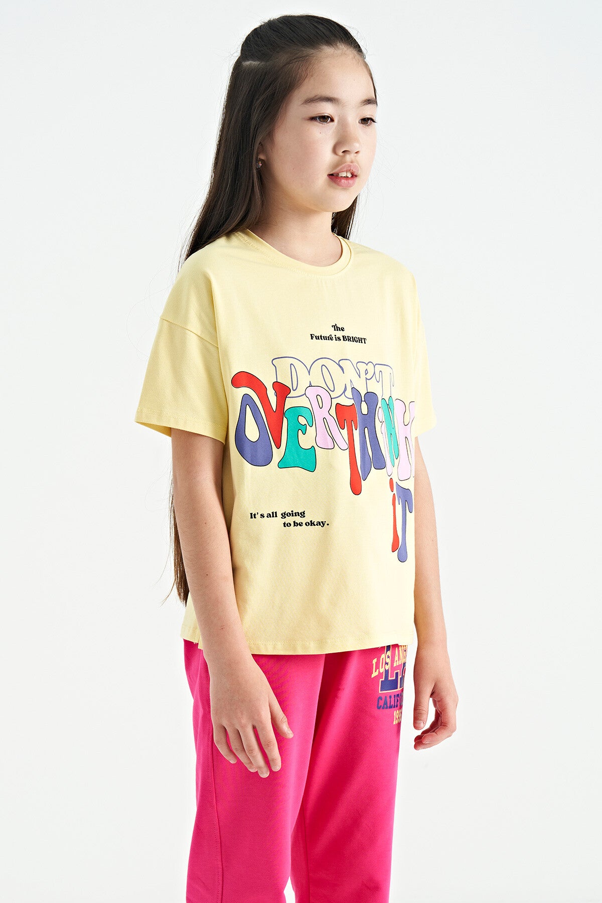 Yellow Printed Letter O Collar Oversize Short Sleeve Girl's T-Shirt - 75112