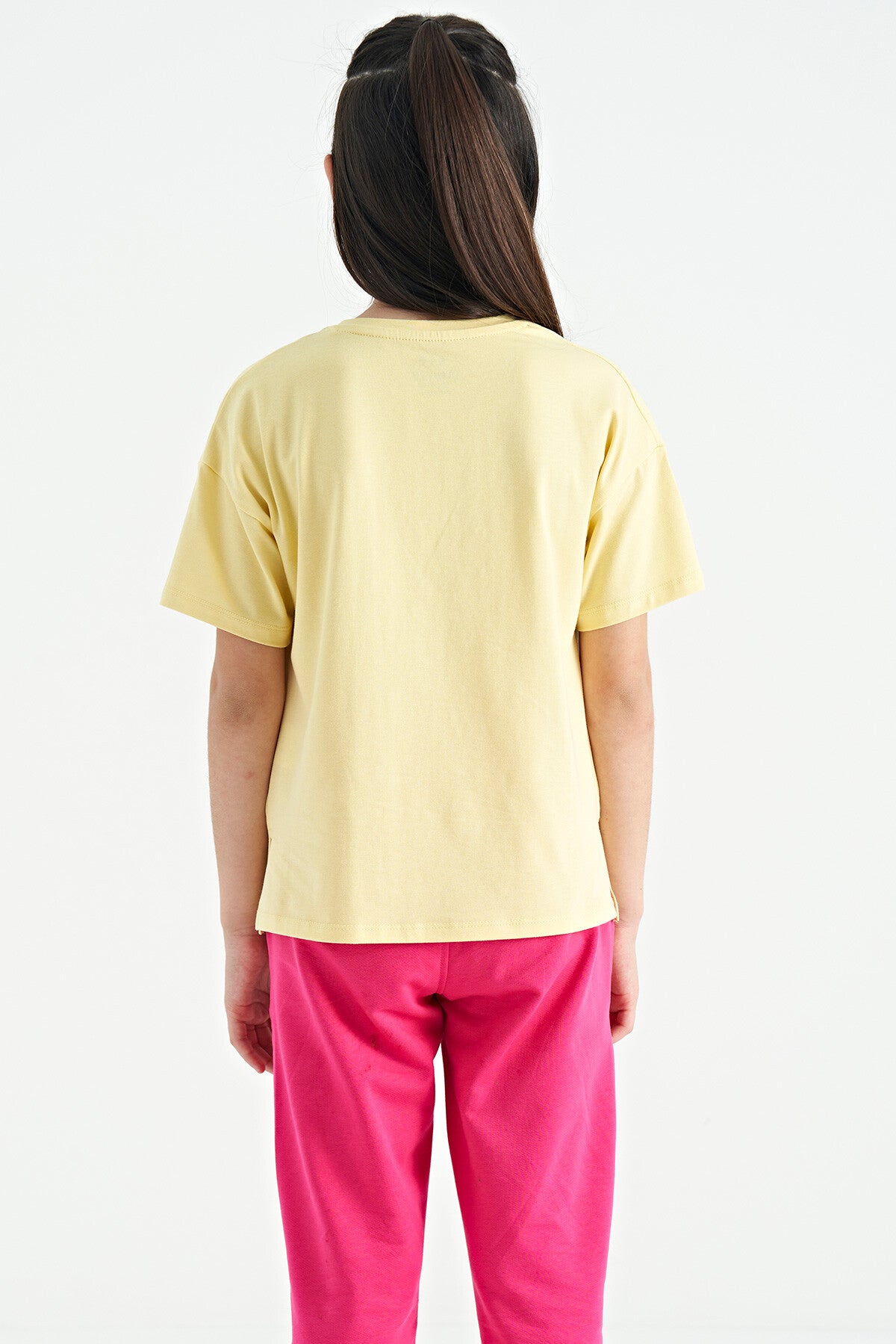 Yellow Printed Letter O Collar Oversize Short Sleeve Girl's T-Shirt - 75112