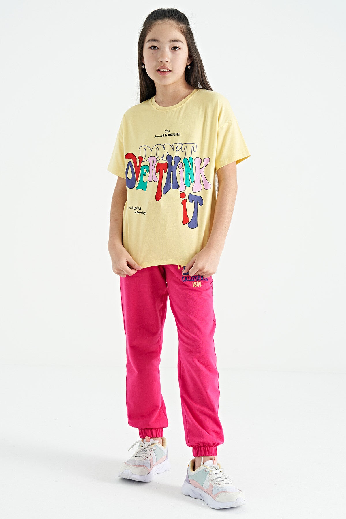 Yellow Printed Letter O Collar Oversize Short Sleeve Girl's T-Shirt - 75112