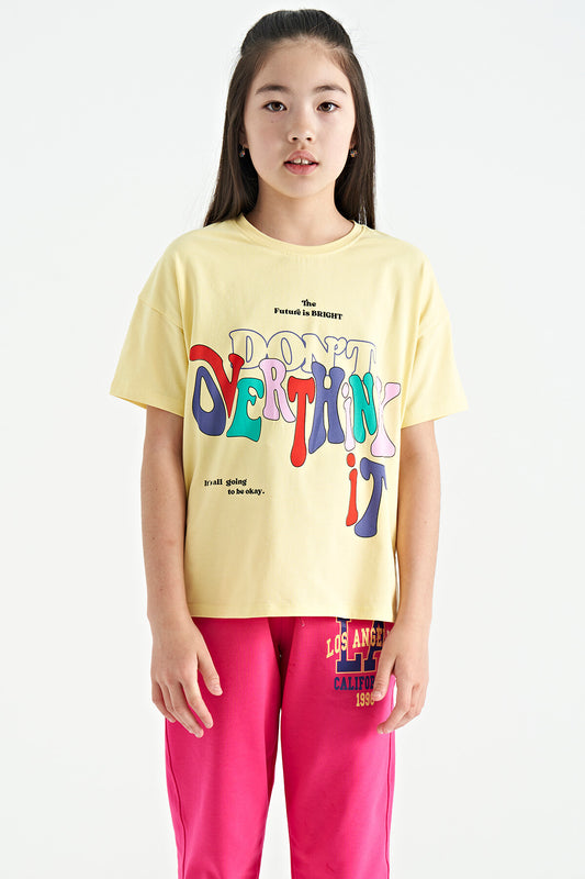 Yellow Printed Letter O Collar Oversize Short Sleeve Girl's T-Shirt - 75112