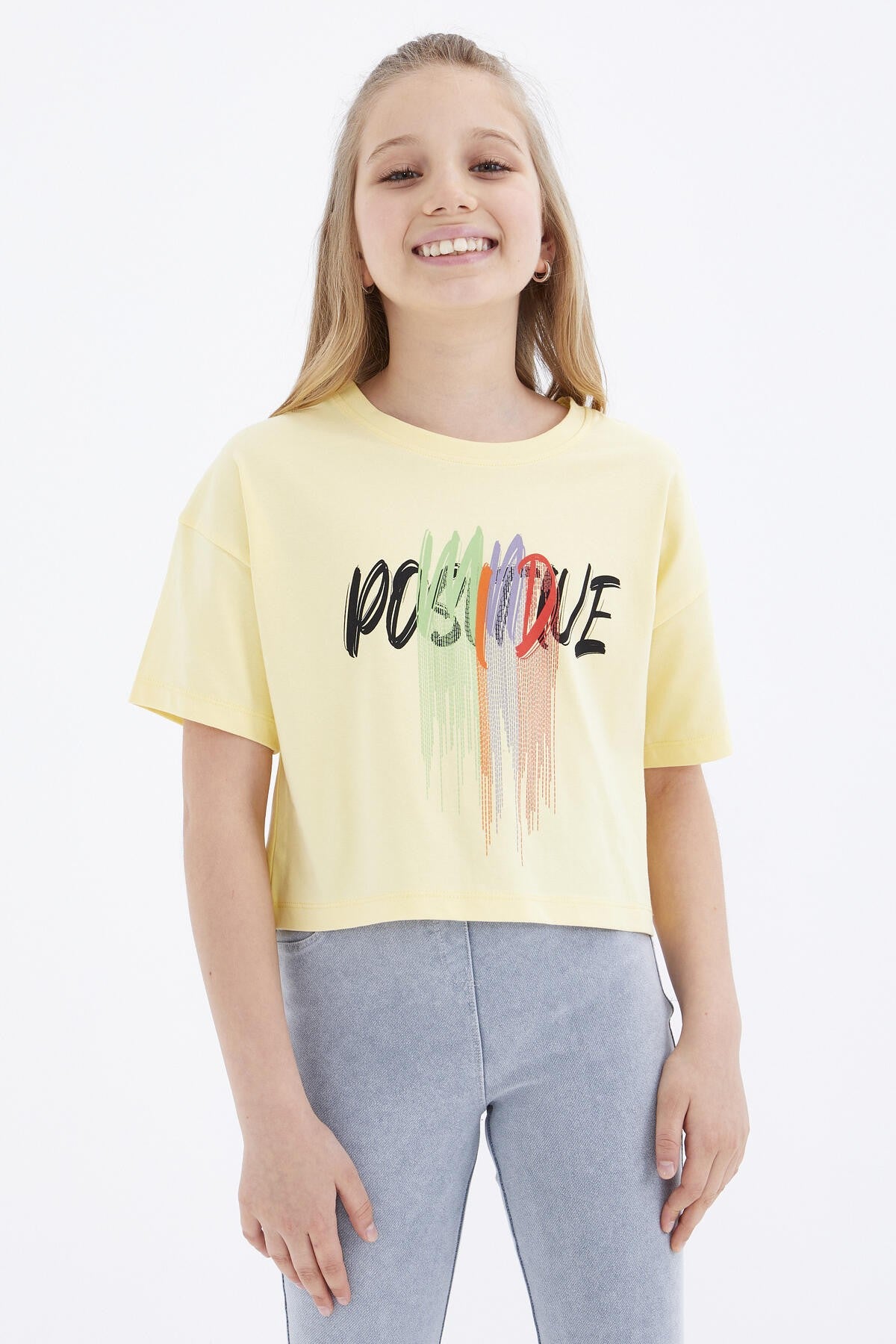 Yellow Print Letter O Collar Oversize Drop Shoulder Girl Crop T-Shirt - 75036