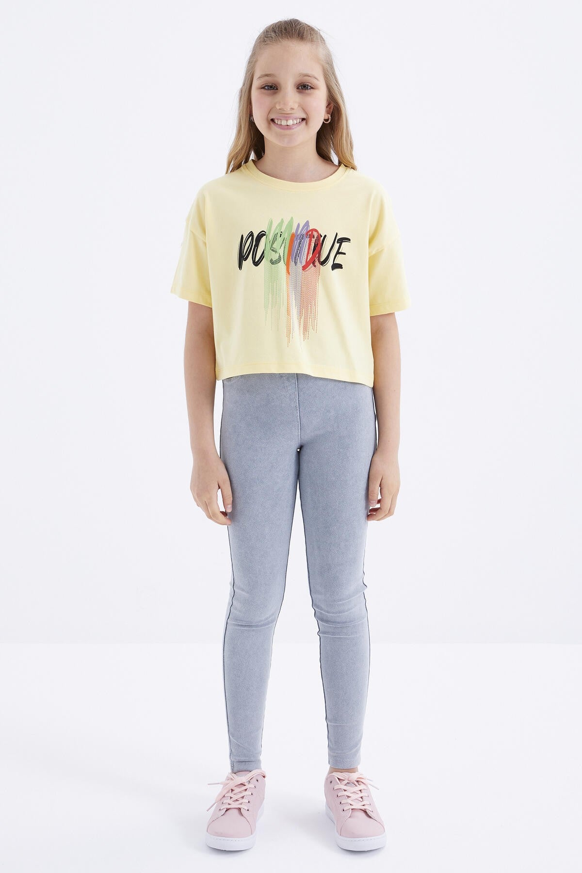 Yellow Print Letter O Collar Oversize Drop Shoulder Girl Crop T-Shirt - 75036