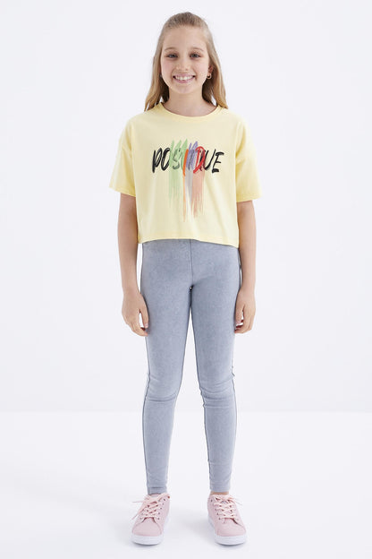 Yellow Print Letter O Collar Oversize Drop Shoulder Girl Crop T-Shirt - 75036