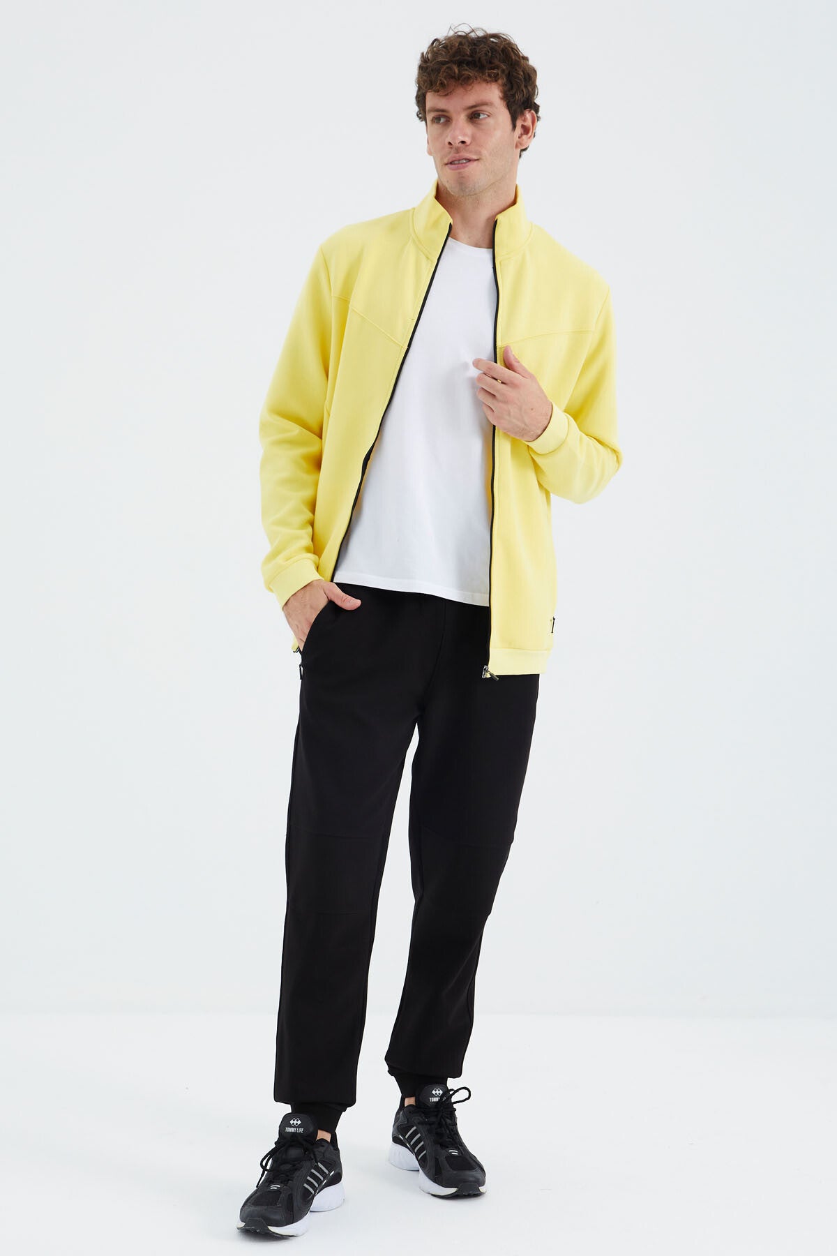 Yellow - Black Stand Collar Hidden Pocket Detailed Relax Fit Men's Tracksuit Set - 85220