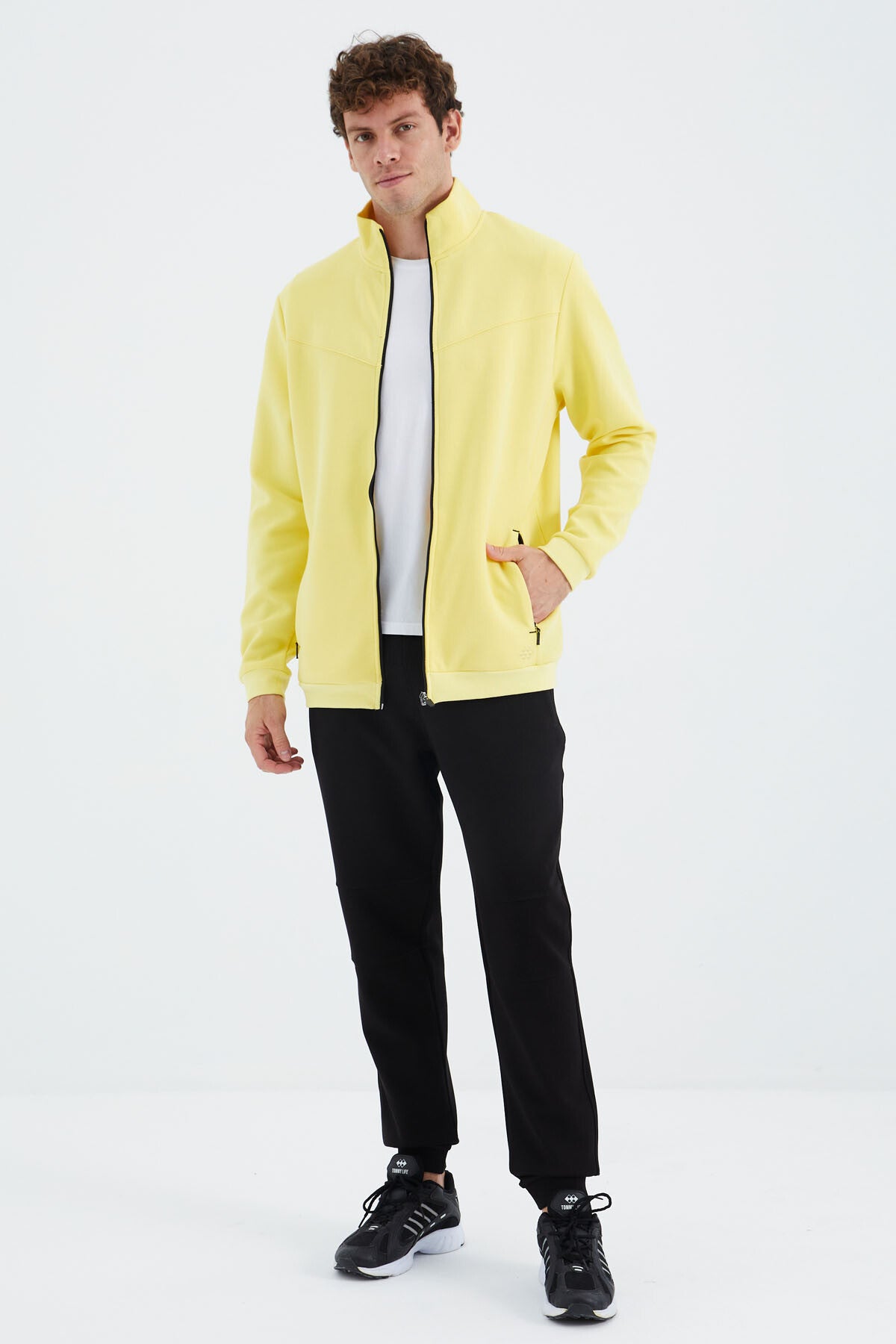 Yellow - Black Stand Collar Hidden Pocket Detailed Relax Fit Men's Tracksuit Set - 85220