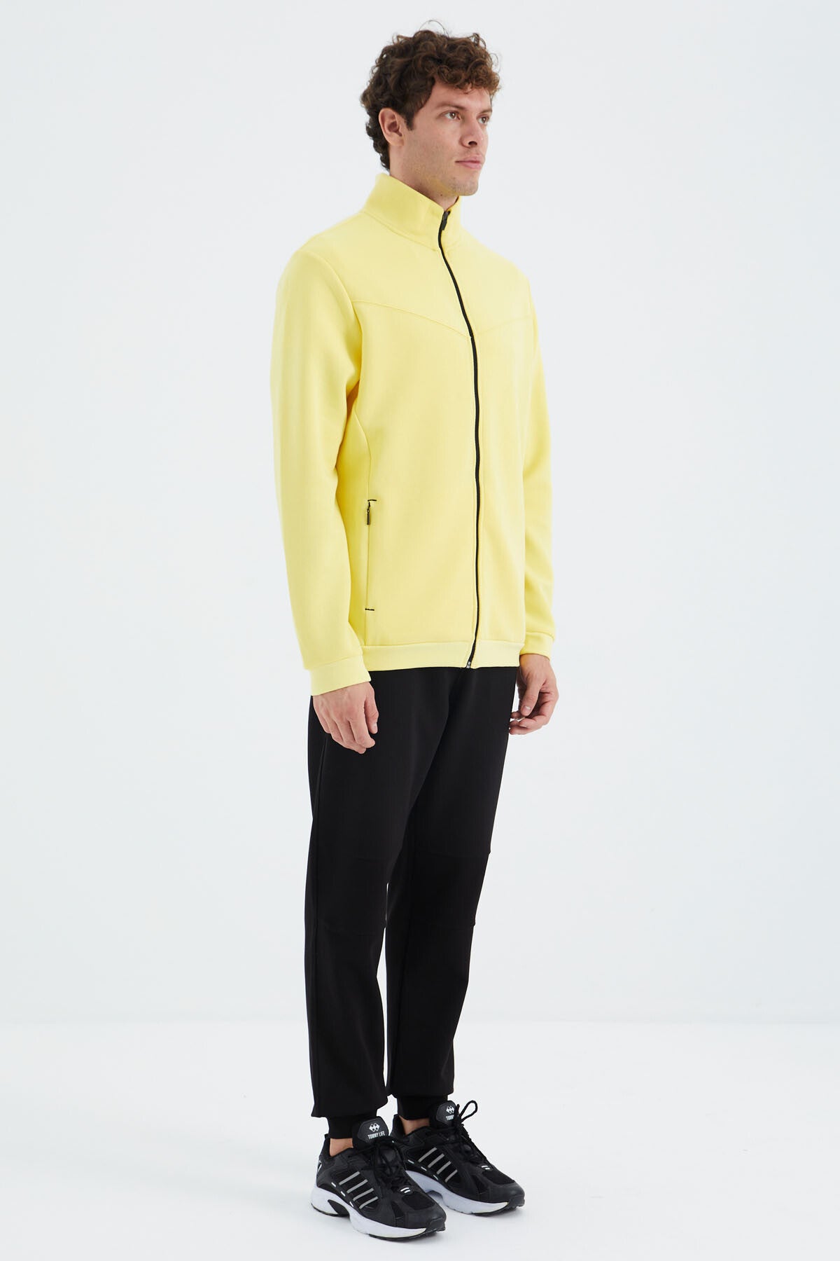 Yellow - Black Stand Collar Hidden Pocket Detailed Relax Fit Men's Tracksuit Set - 85220