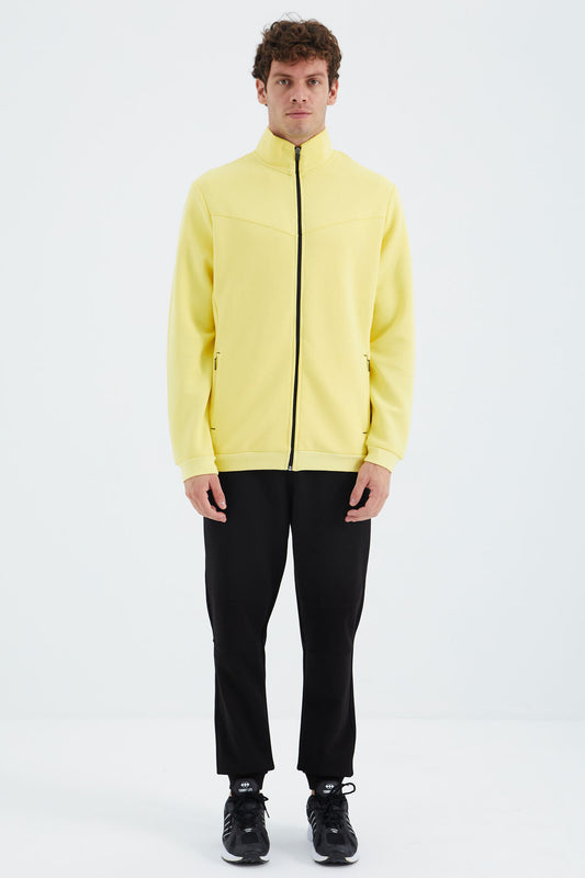 Yellow - Black Stand Collar Hidden Pocket Detailed Relax Fit Men's Tracksuit Set - 85220