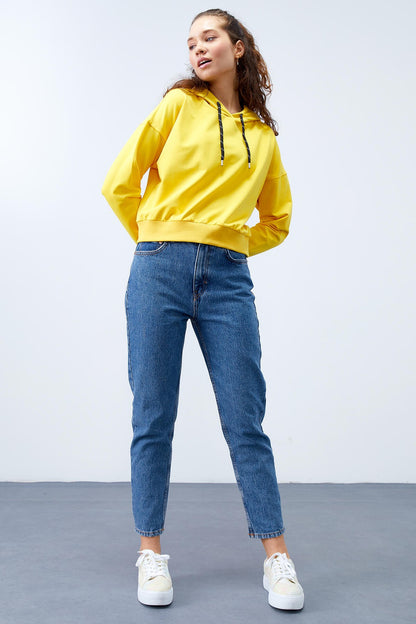 Yellow Long Sleeve Comfort Fit Hooded Women's Sweatshirt - 97115