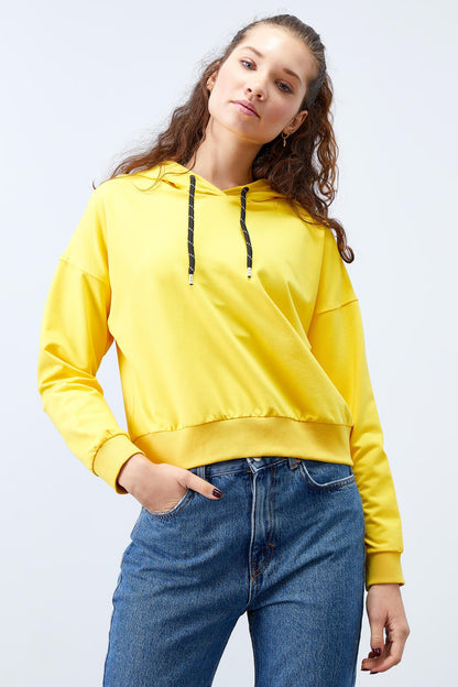 Yellow Long Sleeve Comfort Fit Hooded Women's Sweatshirt - 97115