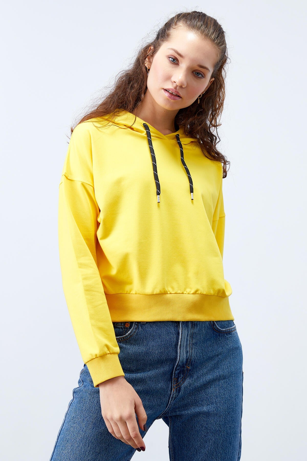 Yellow Long Sleeve Comfort Fit Hooded Women's Sweatshirt - 97115