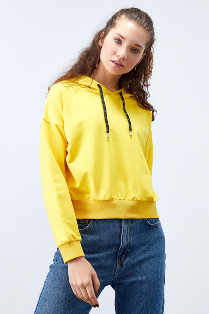 Yellow Long Sleeve Comfort Fit Hooded Women's Sweatshirt - 97115