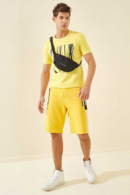 Yellow Side Stripe Printed Standard Fit Men's Shorts - 81145