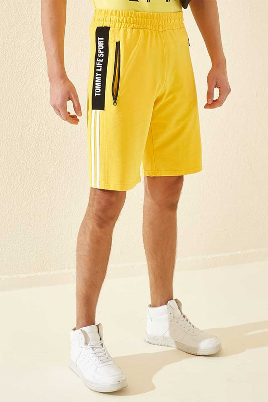 Yellow Side Stripe Printed Standard Fit Men's Shorts - 81145