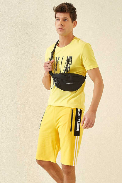 Yellow Side Stripe Printed Standard Fit Men's Shorts - 81145