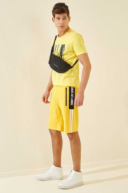 Yellow Side Stripe Printed Standard Fit Men's Shorts - 81145