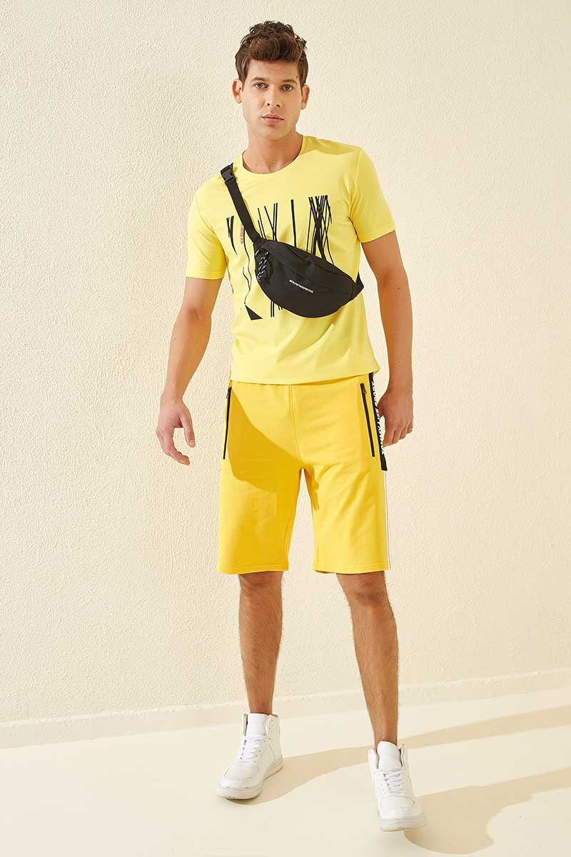 Yellow Side Stripe Printed Standard Fit Men's Shorts - 81145