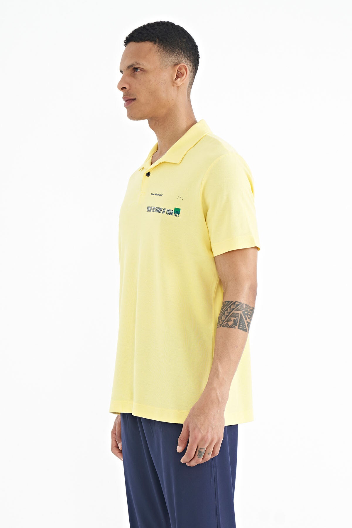 Yellow Print Standard Fit Polo Collar Men's T-shirt - 88236