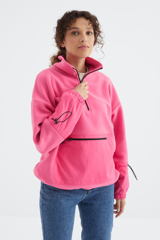 Pink Sugar Skirt with Gathered Hem Half-Zip Oversize Women's Fleece Sweatshirt - 97238