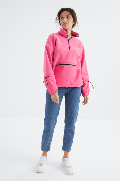 Pink Sugar Skirt with Gathered Hem Half-Zip Oversize Women's Fleece Sweatshirt - 97238