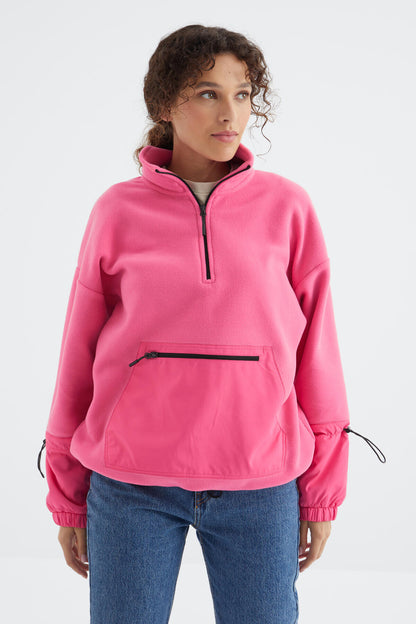 Pink Sugar Skirt with Gathered Hem Half-Zip Oversize Women's Fleece Sweatshirt - 97238