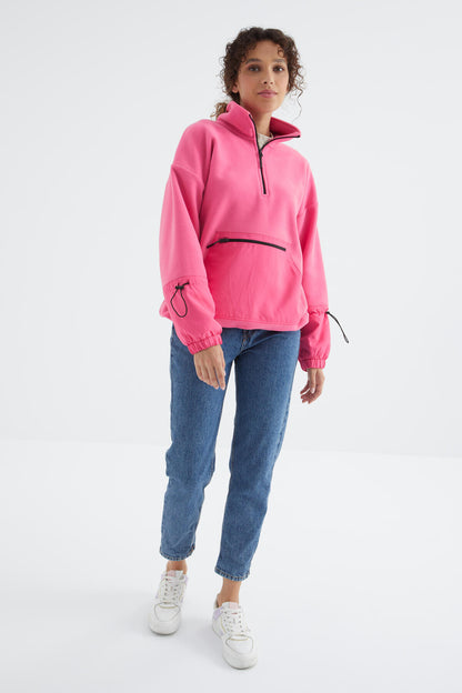 Pink Sugar Skirt with Gathered Hem Half-Zip Oversize Women's Fleece Sweatshirt - 97238