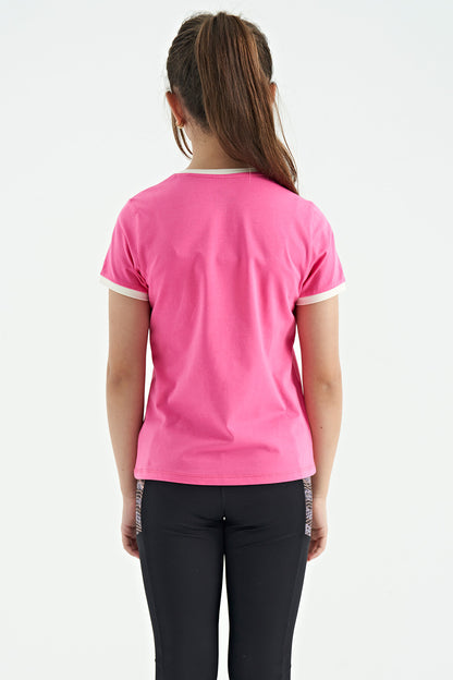 Sugar Pink Minimal Print O Collar Comfort Fit Short Sleeve Girls T-Shirt - 75110