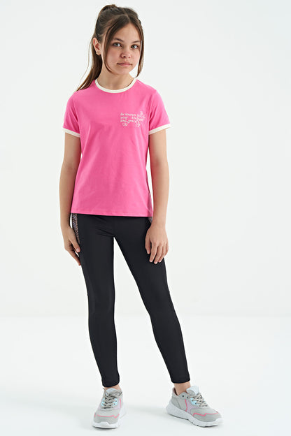 Sugar Pink Minimal Print O Collar Comfort Fit Short Sleeve Girls T-Shirt - 75110
