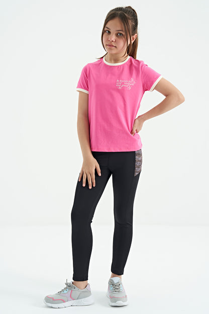 Sugar Pink Minimal Print O Collar Comfort Fit Short Sleeve Girls T-Shirt - 75110