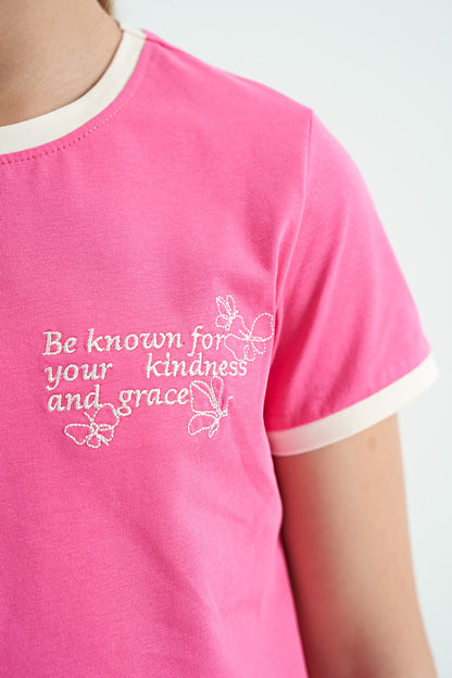 Sugar Pink Minimal Print O Collar Comfort Fit Short Sleeve Girls T-Shirt - 75110