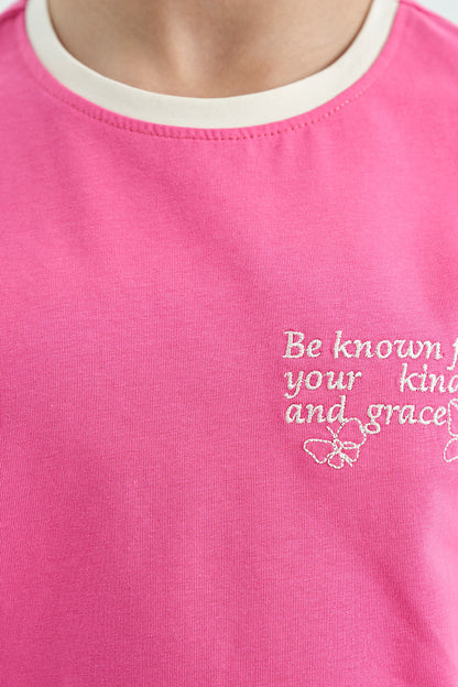 Sugar Pink Minimal Print O Collar Comfort Fit Short Sleeve Girls T-Shirt - 75110