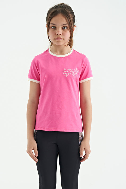 Sugar Pink Minimal Print O Collar Comfort Fit Short Sleeve Girls T-Shirt - 75110