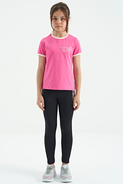 Sugar Pink Minimal Print O Collar Comfort Fit Short Sleeve Girls T-Shirt - 75110