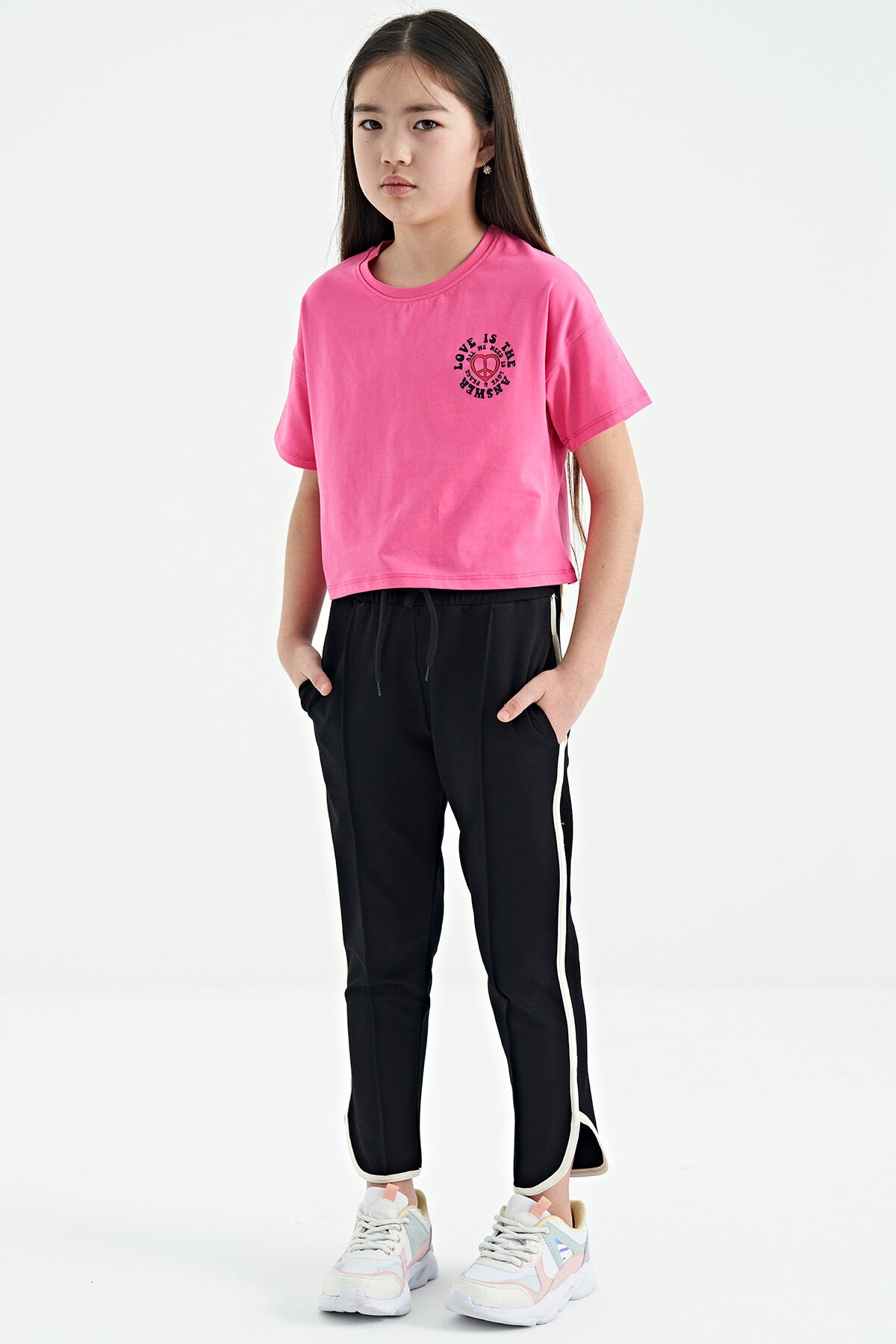 Pink Sugar Front and Back Printed O Collar Low Shoulder Oversize Short Sleeve Girls T-Shirt - 75126