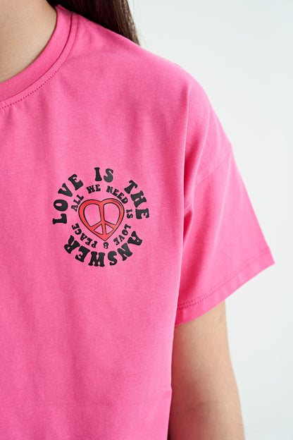 Pink Sugar Front and Back Printed O Collar Low Shoulder Oversize Short Sleeve Girls T-Shirt - 75126