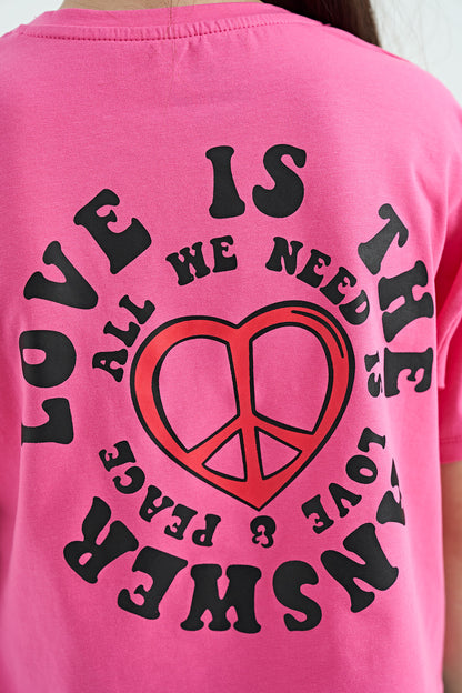 Pink Sugar Front and Back Printed O Collar Low Shoulder Oversize Short Sleeve Girls T-Shirt - 75126