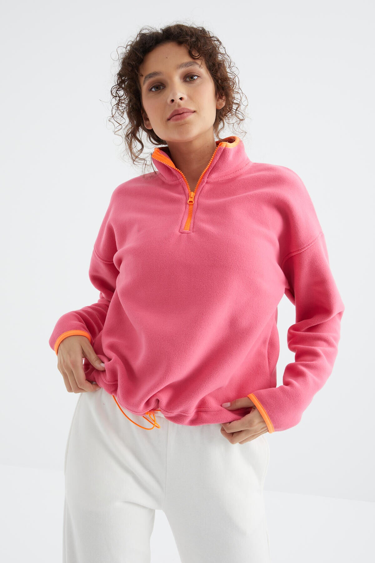 Sugar Pink Half Zipper Skirt Gathered Hem Straight Collar Oversize Women's Fleece Sweatshirt - 97234