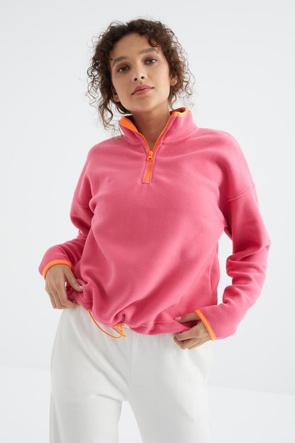 Sugar Pink Half Zipper Skirt Gathered Hem Straight Collar Oversize Women's Fleece Sweatshirt - 97234