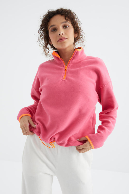 Sugar Pink Half Zipper Skirt Gathered Hem Straight Collar Oversize Women's Fleece Sweatshirt - 97234