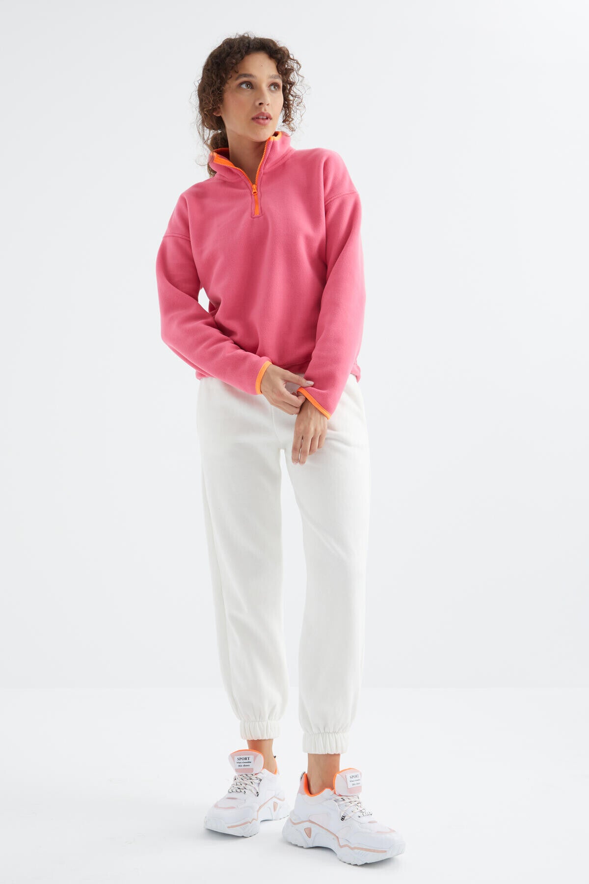 Sugar Pink Half Zipper Skirt Gathered Hem Straight Collar Oversize Women's Fleece Sweatshirt - 97234