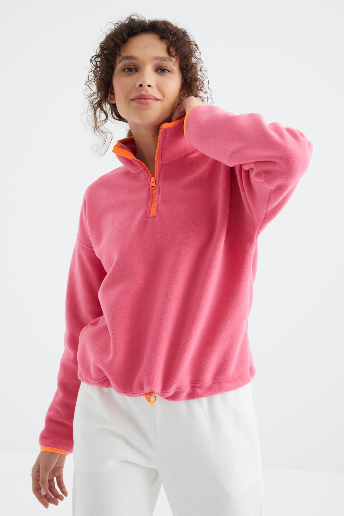 Sugar Pink Half Zipper Skirt Gathered Hem Straight Collar Oversize Women's Fleece Sweatshirt - 97234