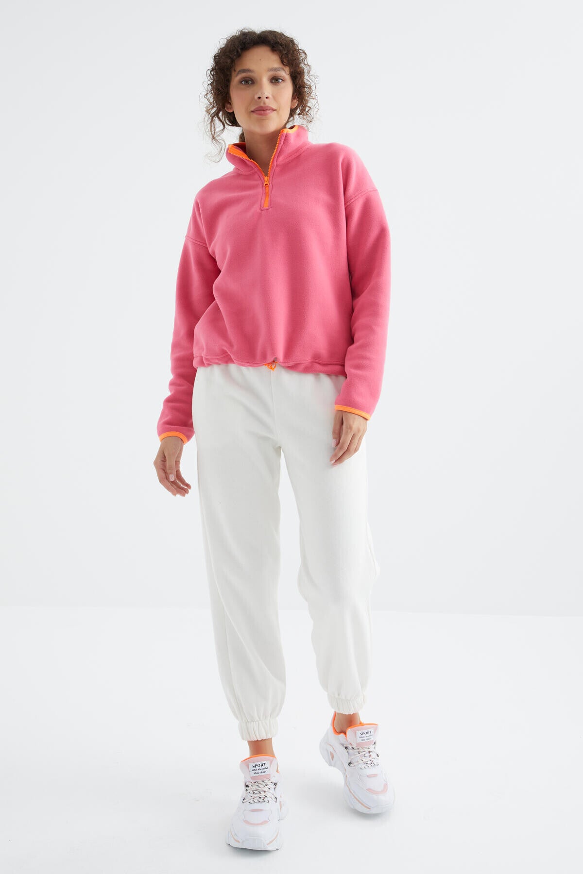 Sugar Pink Half Zipper Skirt Gathered Hem Straight Collar Oversize Women's Fleece Sweatshirt - 97234