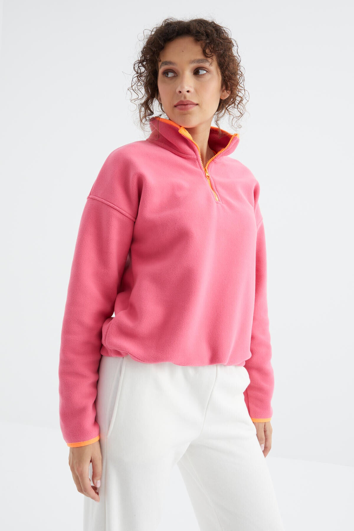 Sugar Pink Half Zipper Skirt Gathered Hem Straight Collar Oversize Women's Fleece Sweatshirt - 97234